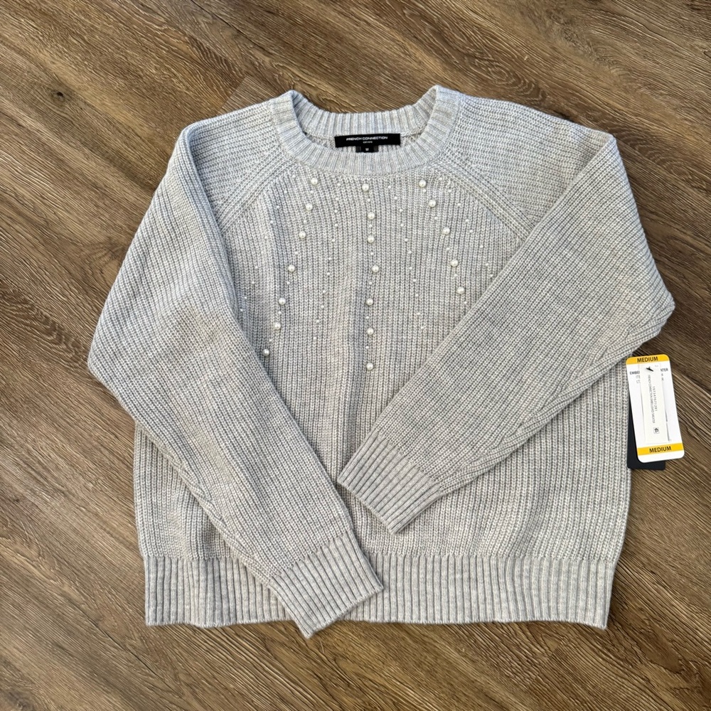 French Connection Light Gray Sweater with Pearl Details